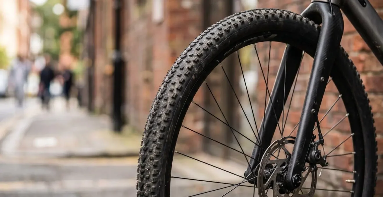 Gravel bike positioned on an urban British street showcasing tyre clearance and component durability for potholed commutes