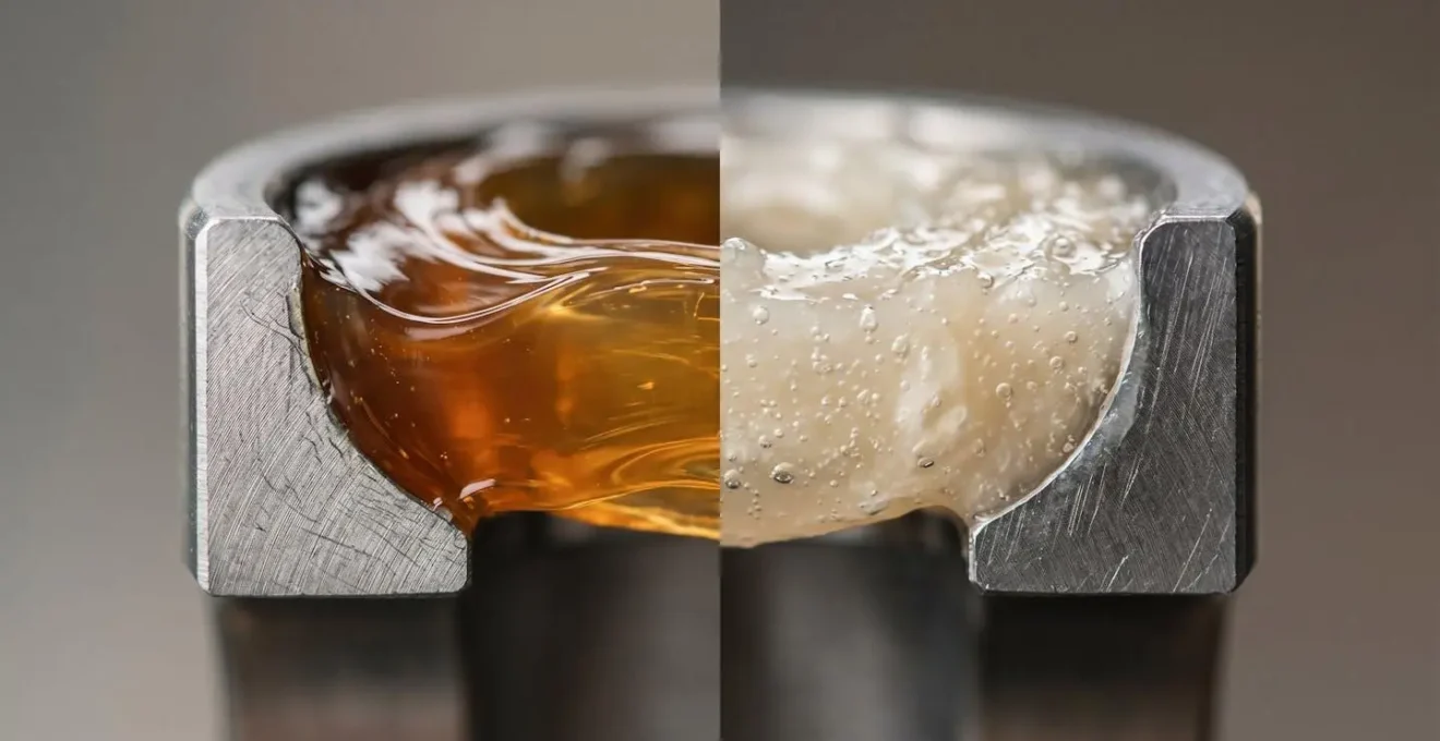 Macro view of bearing grease emulsification process showing water contamination at molecular level