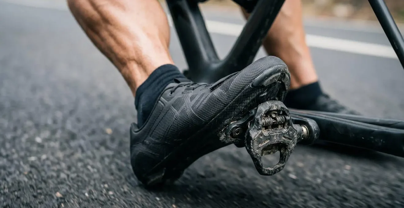 Macro close-up of cyclist's foot and pedal showing proper heel-down technique to engage glutes and hamstrings