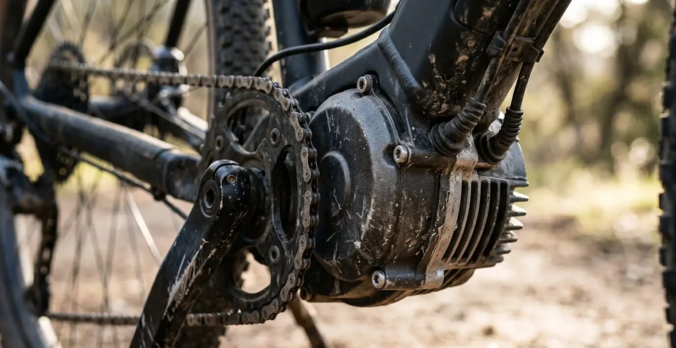 Close-up technical view of electric bike mid-drive motor housing under load on steep incline