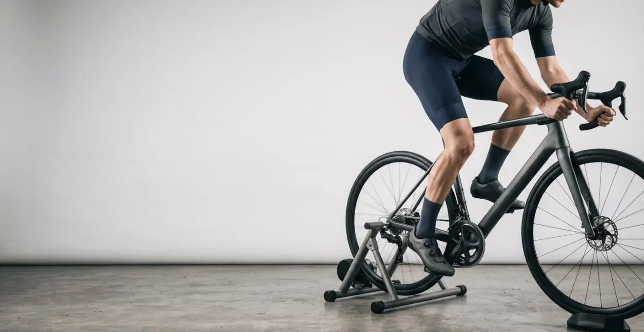 Environmental wide shot showing cyclist on indoor trainer with emphasis on leg and knee tracking alignment from low angle perspective