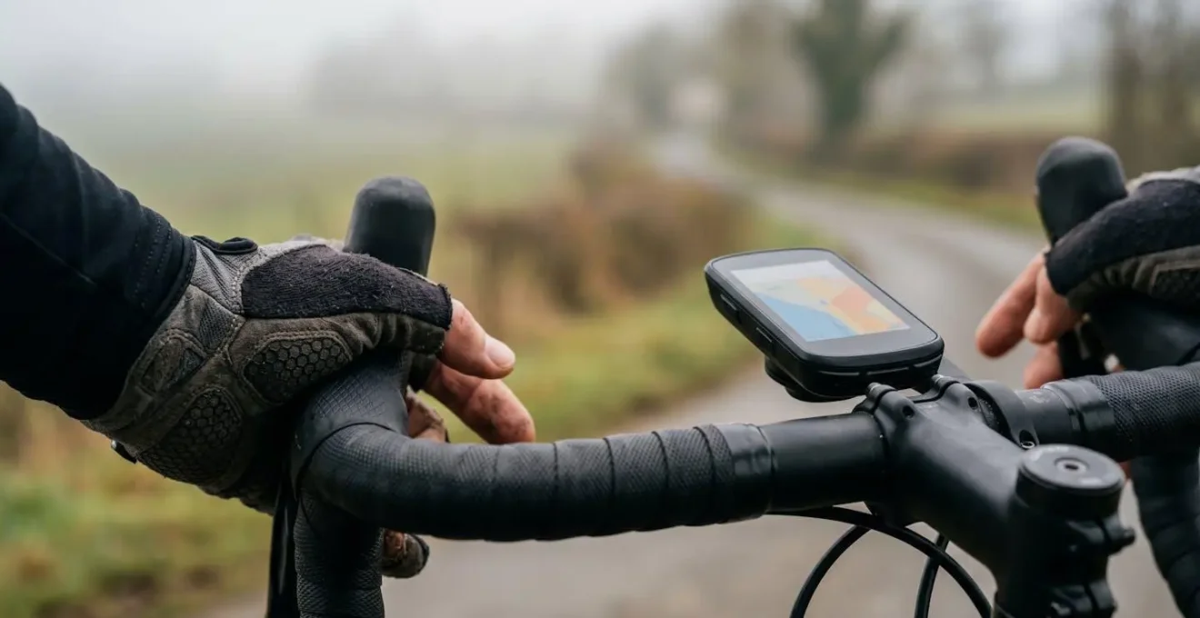 Close-up of cyclist's gloved hands gripping handlebars with GPS device mounted in center, rural road disappearing into fog in soft background blur