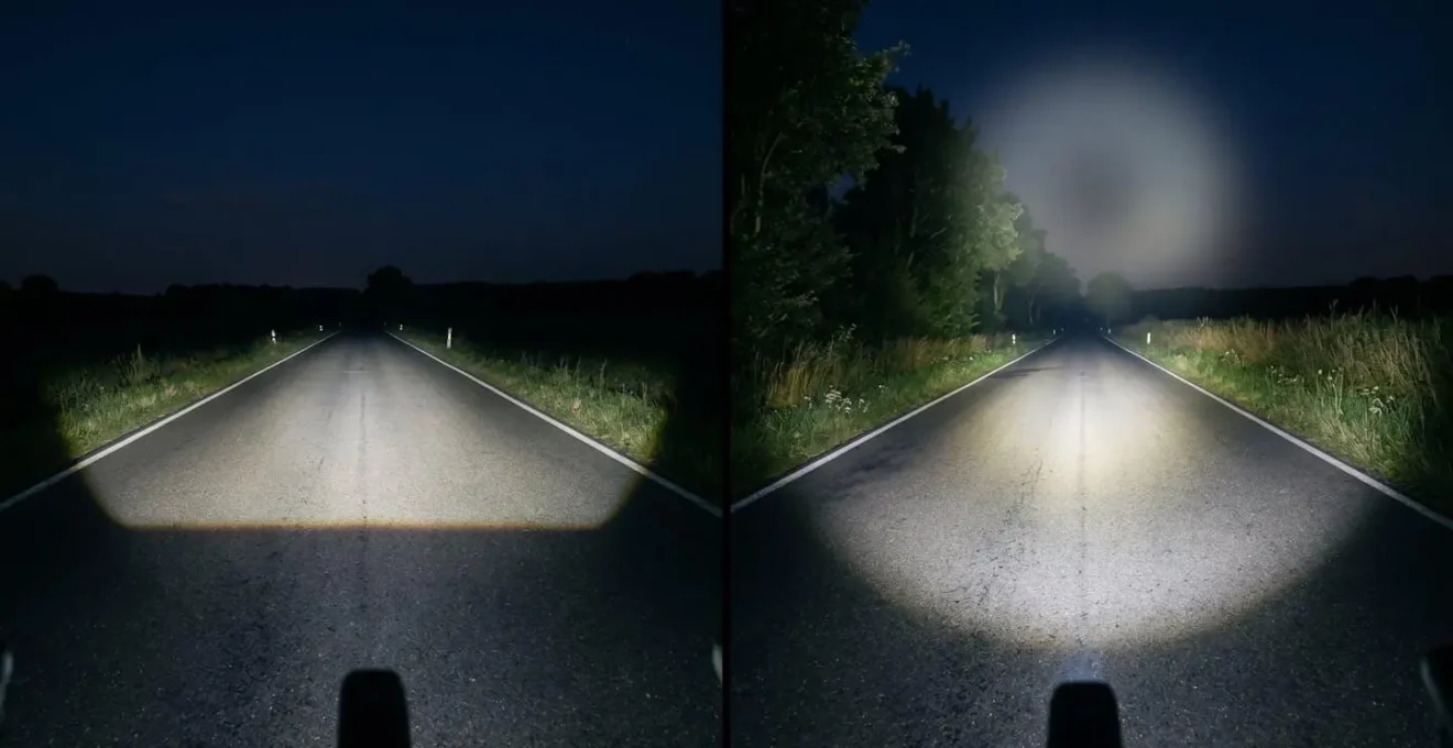 Side-by-side comparison of focused StVZO beam creating even light carpet on road versus scattered high-lumen beam with wasted light