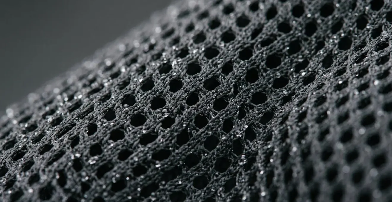 Extreme close-up of mesh back panel on a cycling gilet showing its breathable structure