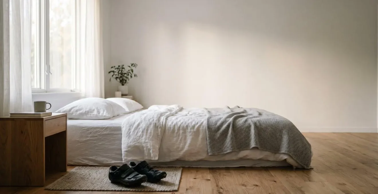 Wide environmental shot of peaceful bedroom with morning light streaming through window and cycling shoes visible in soft focus suggesting preparation and mindful recovery