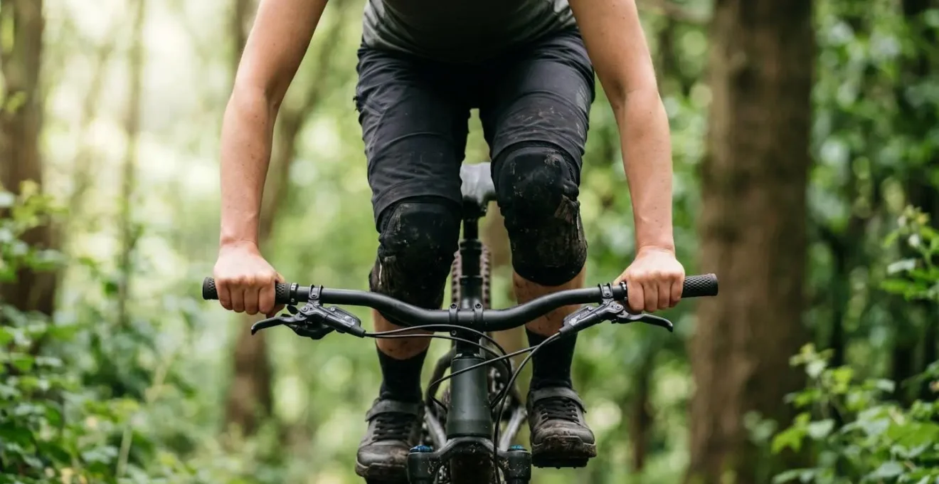Close-up of mountain biker's body position on bike showing proper standing attack position for accurate suspension sag measurement