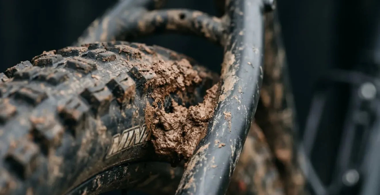 Extreme close-up of bicycle chainstay with mud accumulation showing clearance gap