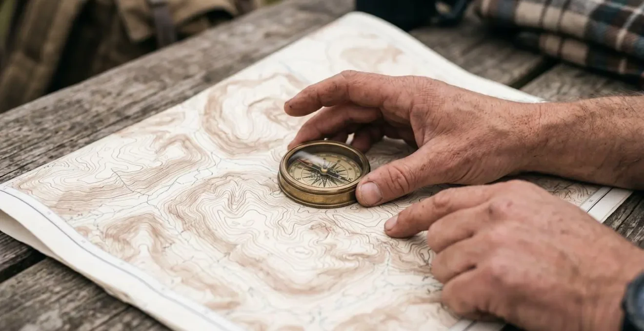 Hands holding a compass over a topographic map showing Scottish Highland terrain features