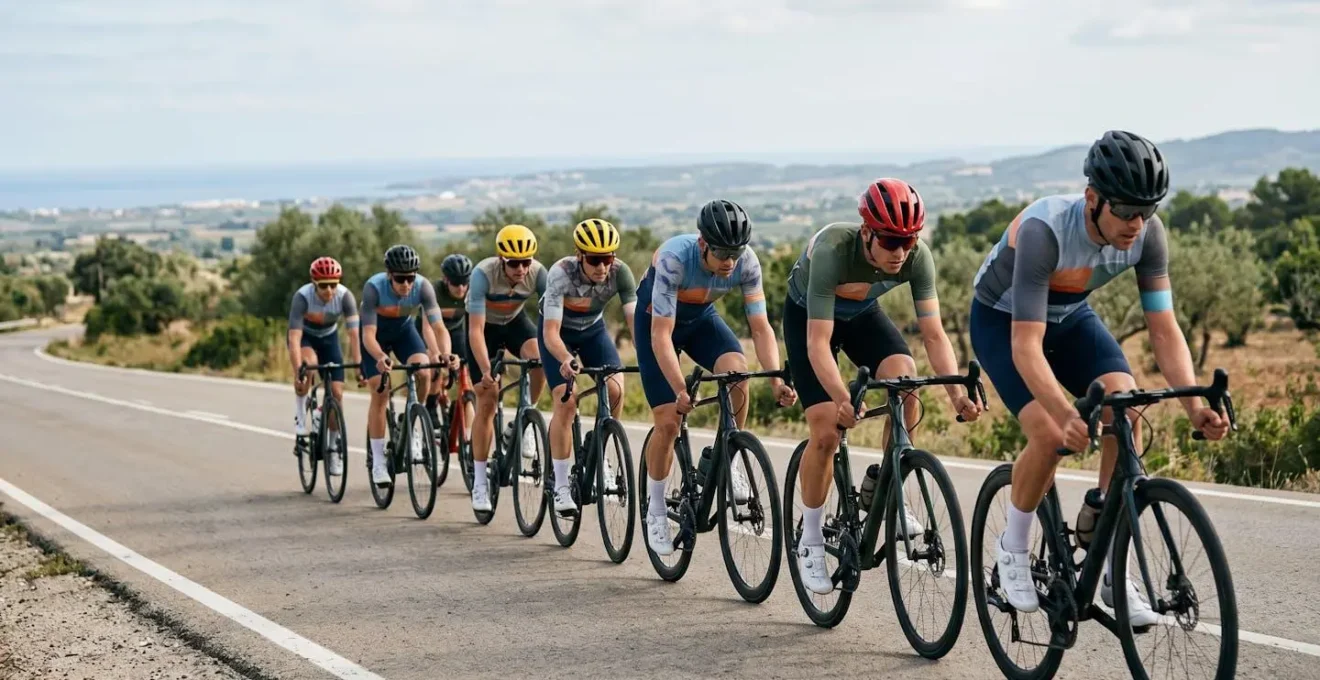 Tight cycling peloton formation showing coordinated body positions and spacing