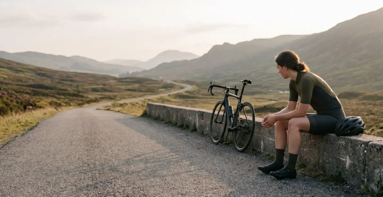 Wide environmental shot of cyclist in post-ride recovery position showing relaxed posture after high-intensity interval training