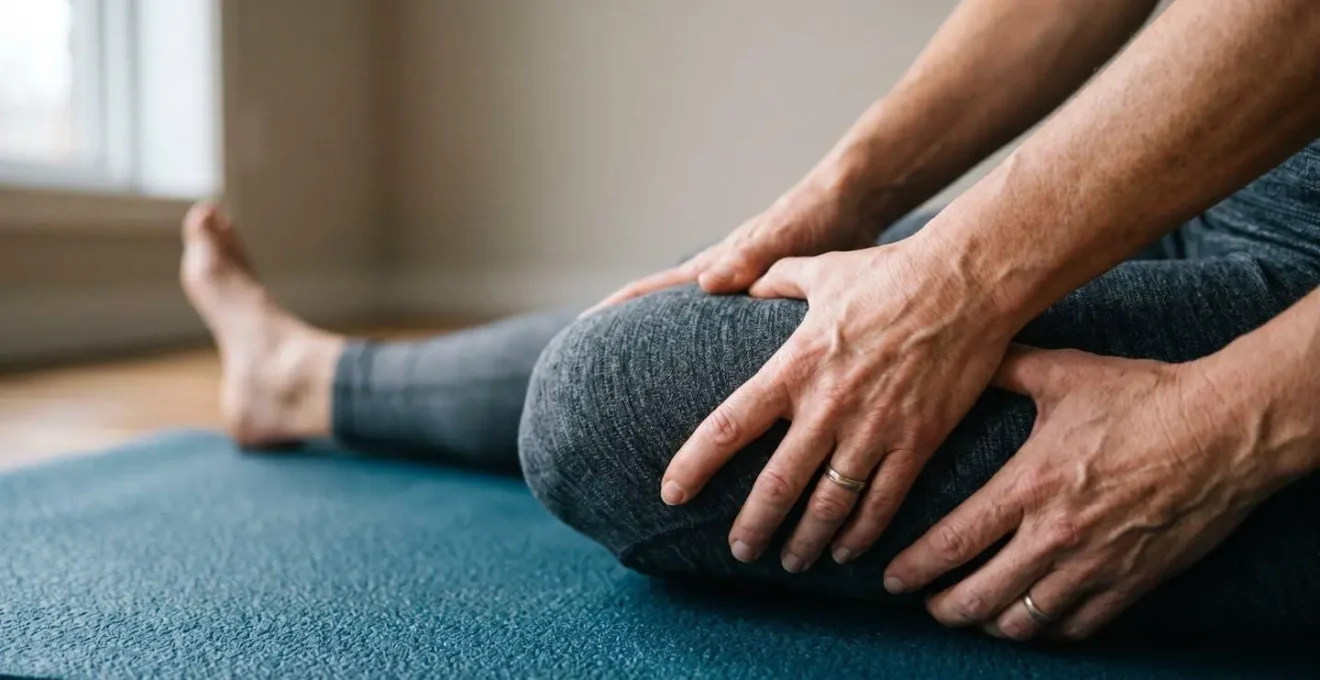 Close-up detail of hands and legs performing gentle hip flexor stretch on yoga mat with soft window lighting and minimalist indoor setting
