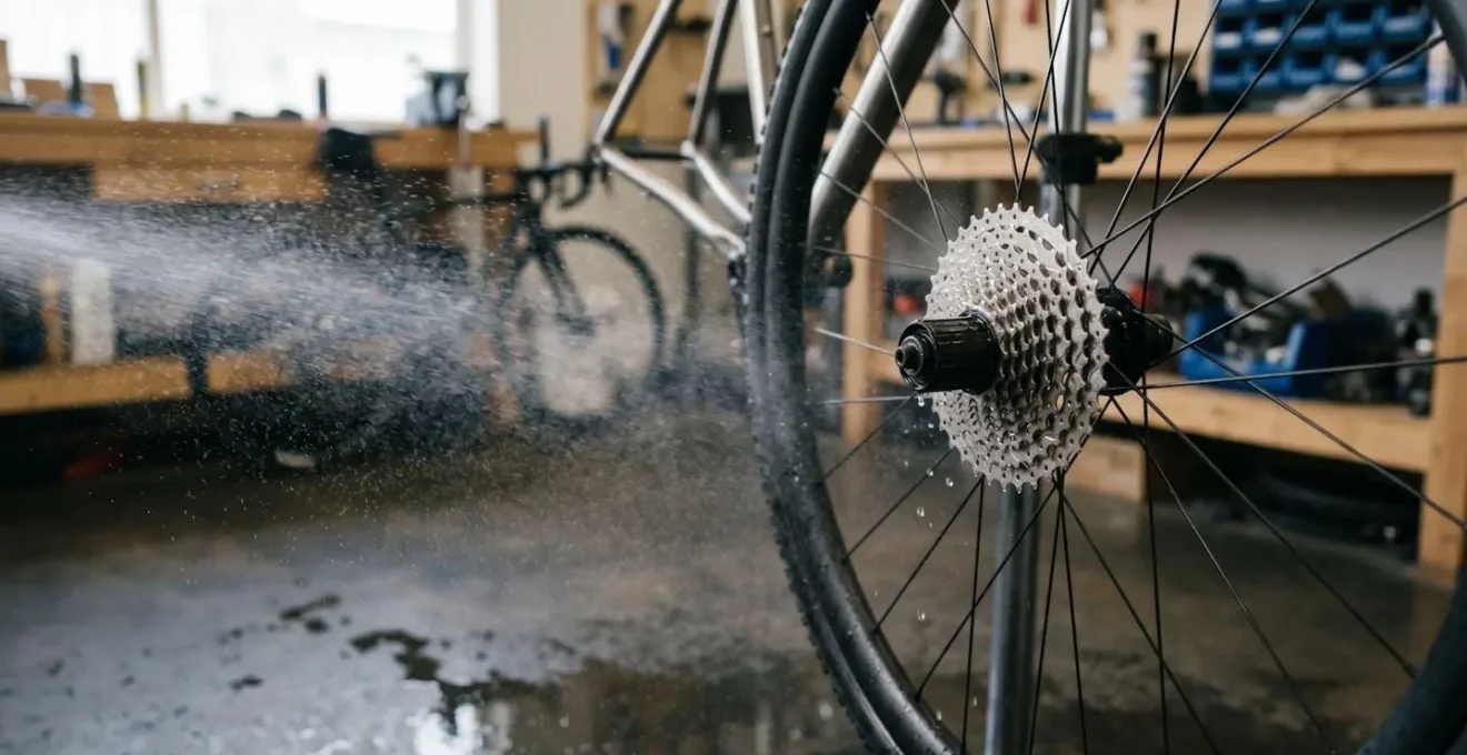 Wide-angle environmental shot showing water spray near bicycle cassette and freehub mechanism with visible water droplets and mist