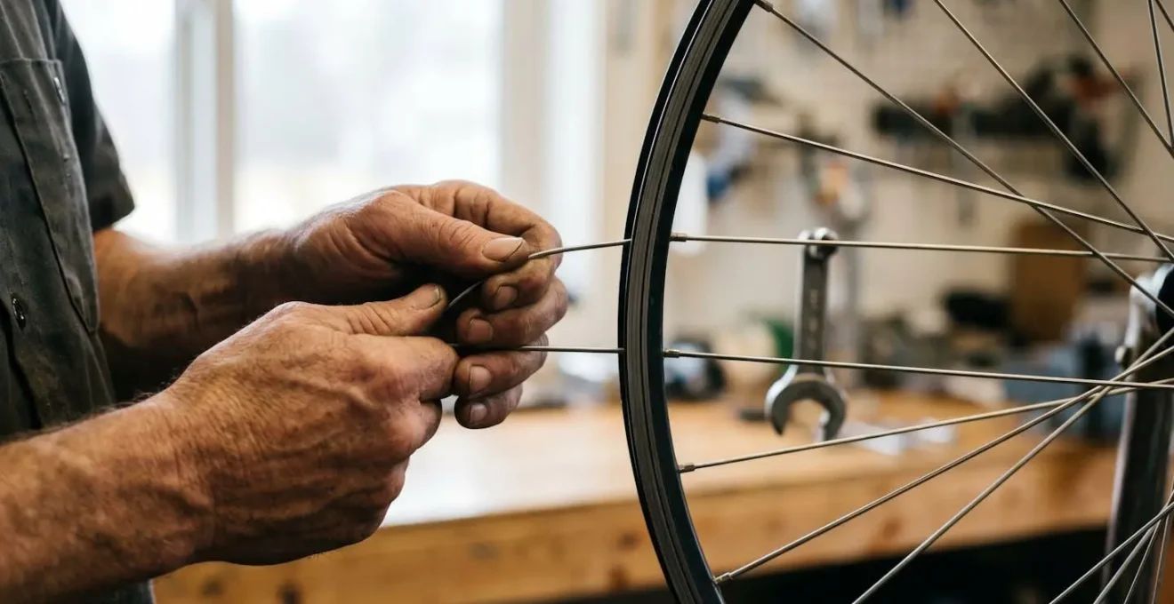 Hands stress-relieving bicycle wheel spokes by squeezing spoke pairs together after truing adjustment