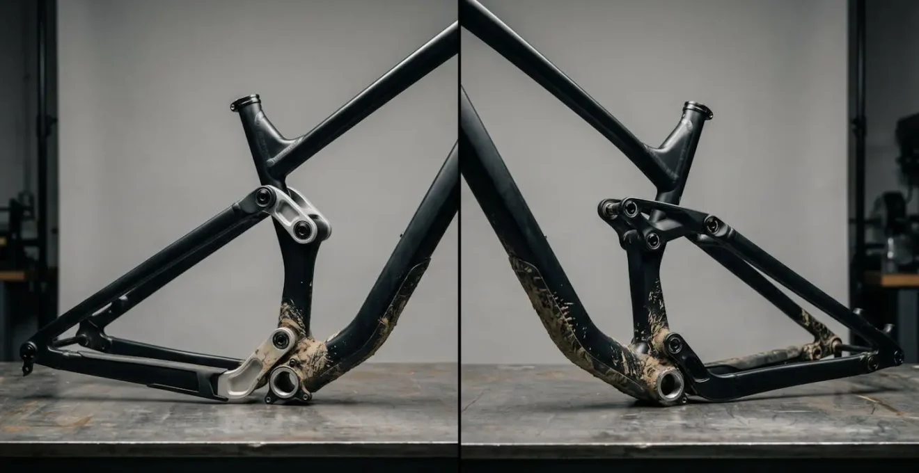 Side-by-side comparison of mountain bike suspension designs showing pivot bearing exposure to mud