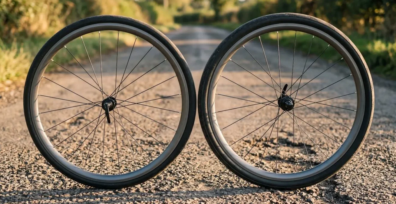 Side-by-side comparison of narrow and wide tire contact patches on rough tarmac