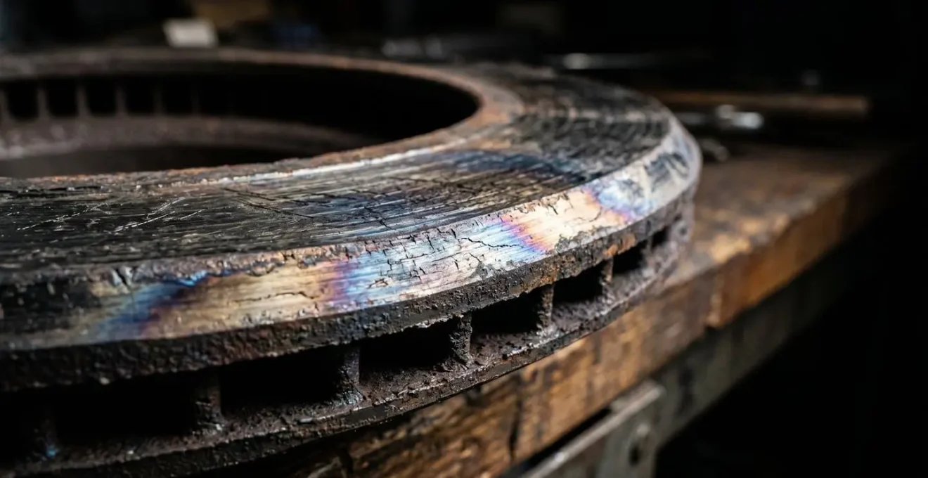 Macro detail of heat-damaged disc brake rotor showing warping and surface discoloration from thermal stress