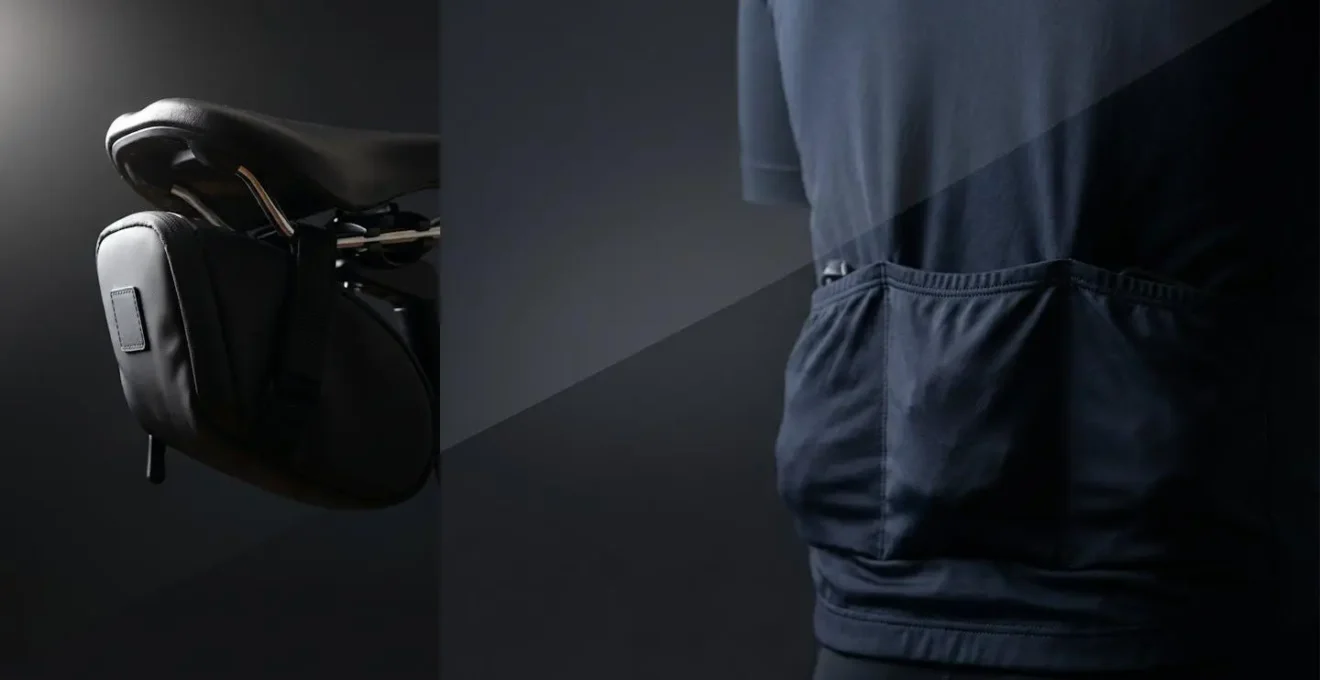 Conceptual side-view composition showing weight placement differences between low-mounted saddlebag and elevated jersey pocket storage on cyclist