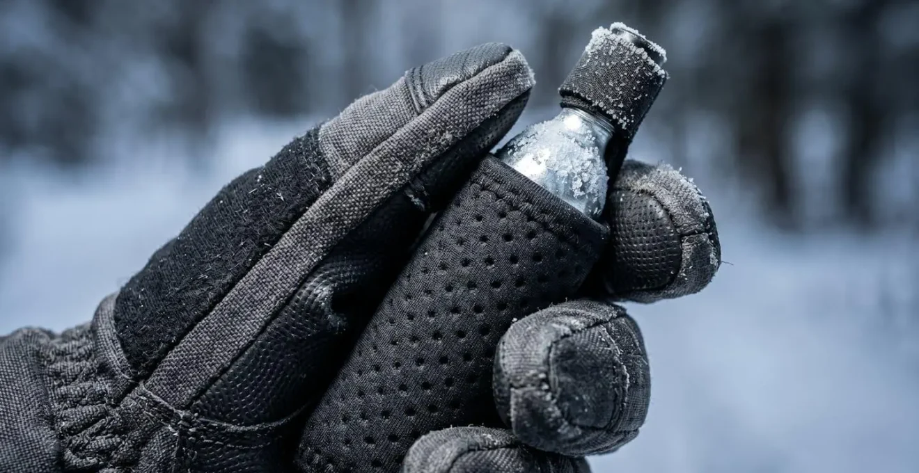 Close-up macro shot of thick winter cycling glove gripping foam-sleeved CO2 cartridge during inflation process