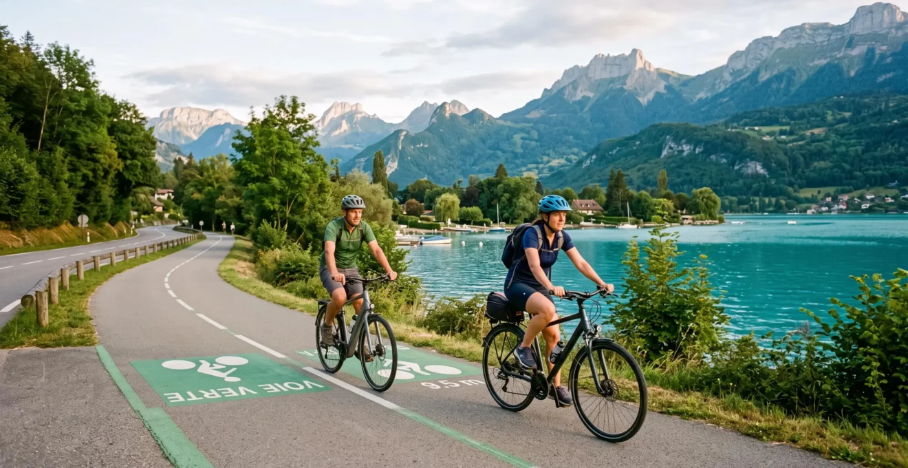 Cyclists riding on the dedicated Lake Annecy greenway with turquoise alpine lake and mountain peaks in the background