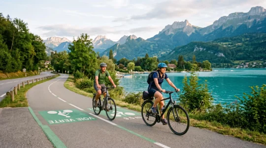 Cyclists riding on the dedicated Lake Annecy greenway with turquoise alpine lake and mountain peaks in the background