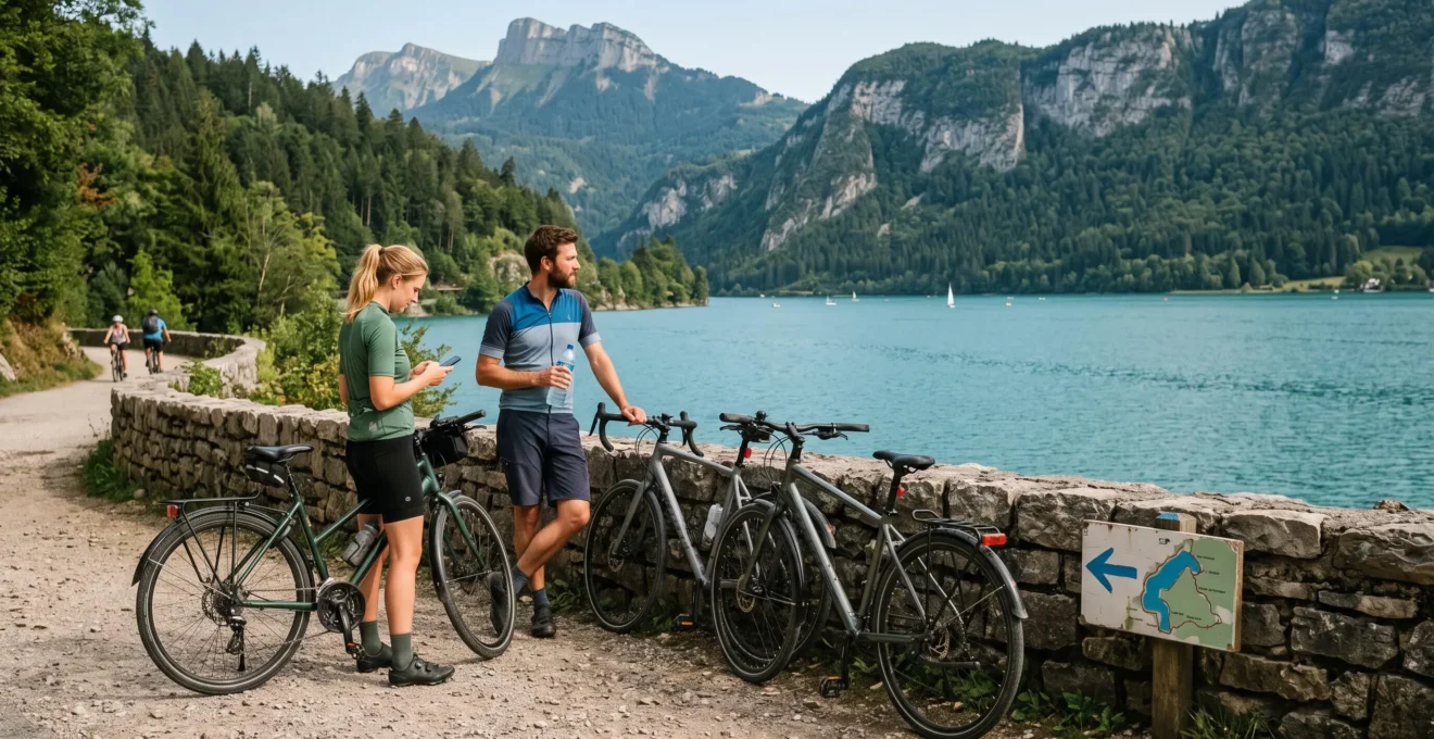 Cyclists taking a rest stop beside Lake Annecy with their bikes parked whilst viewing the turquoise lake and mountain scenery