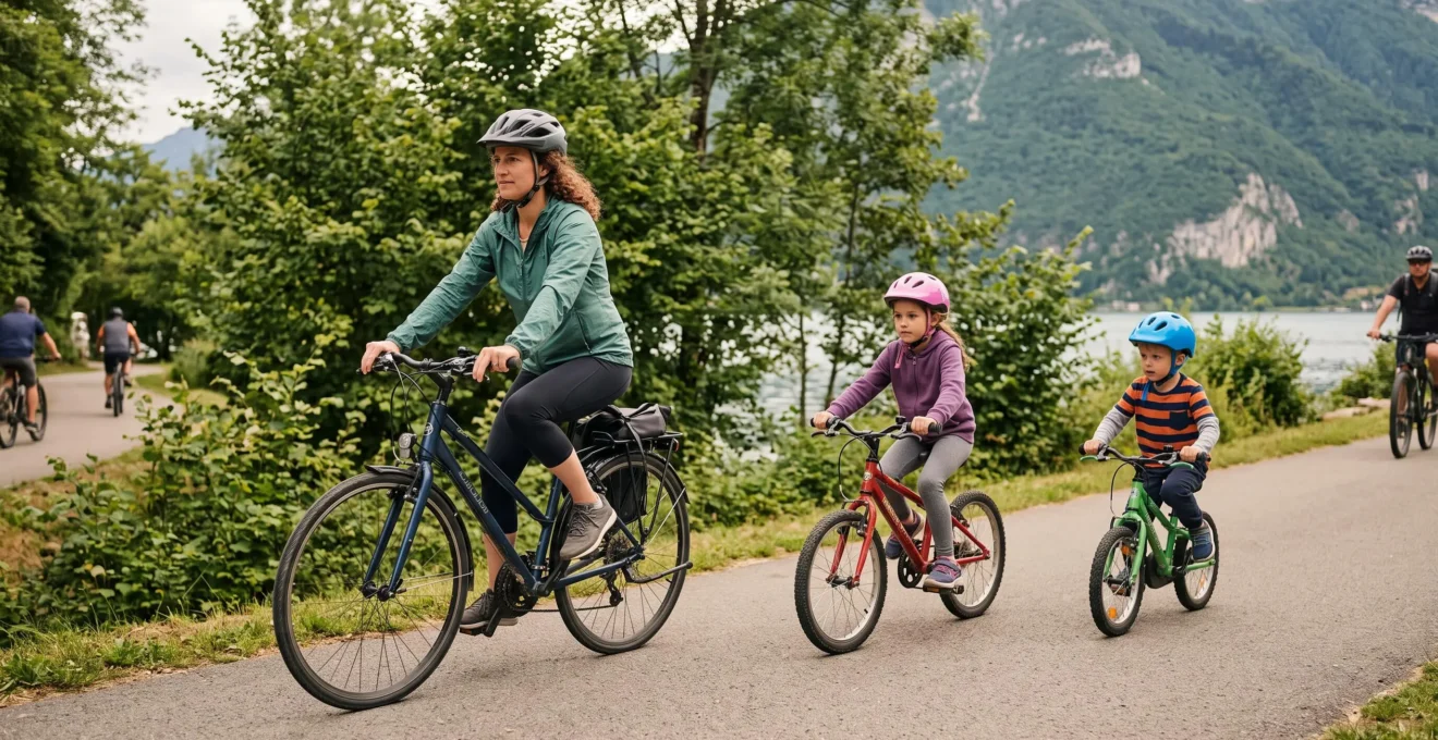 Family with children cycling together on the flat Annecy lake greenway at a recreational pace
