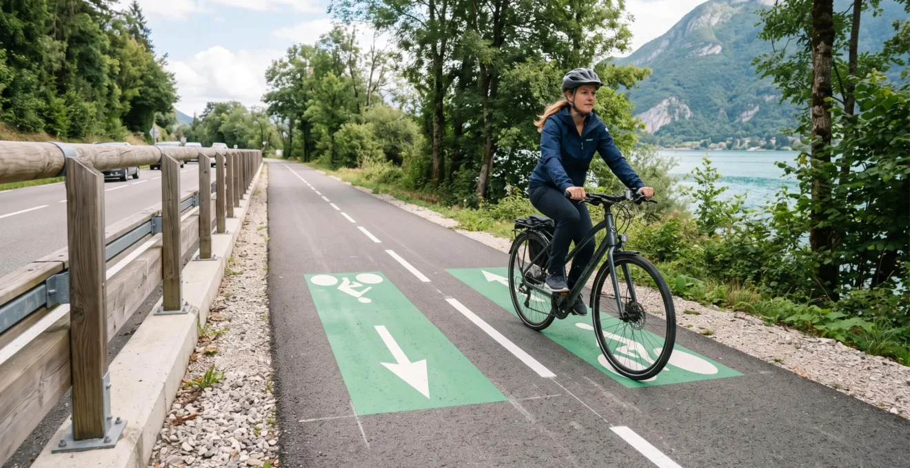 Cyclist on the protected separated bike path section of the Annecy greenway with clear lane markings and separation from the road